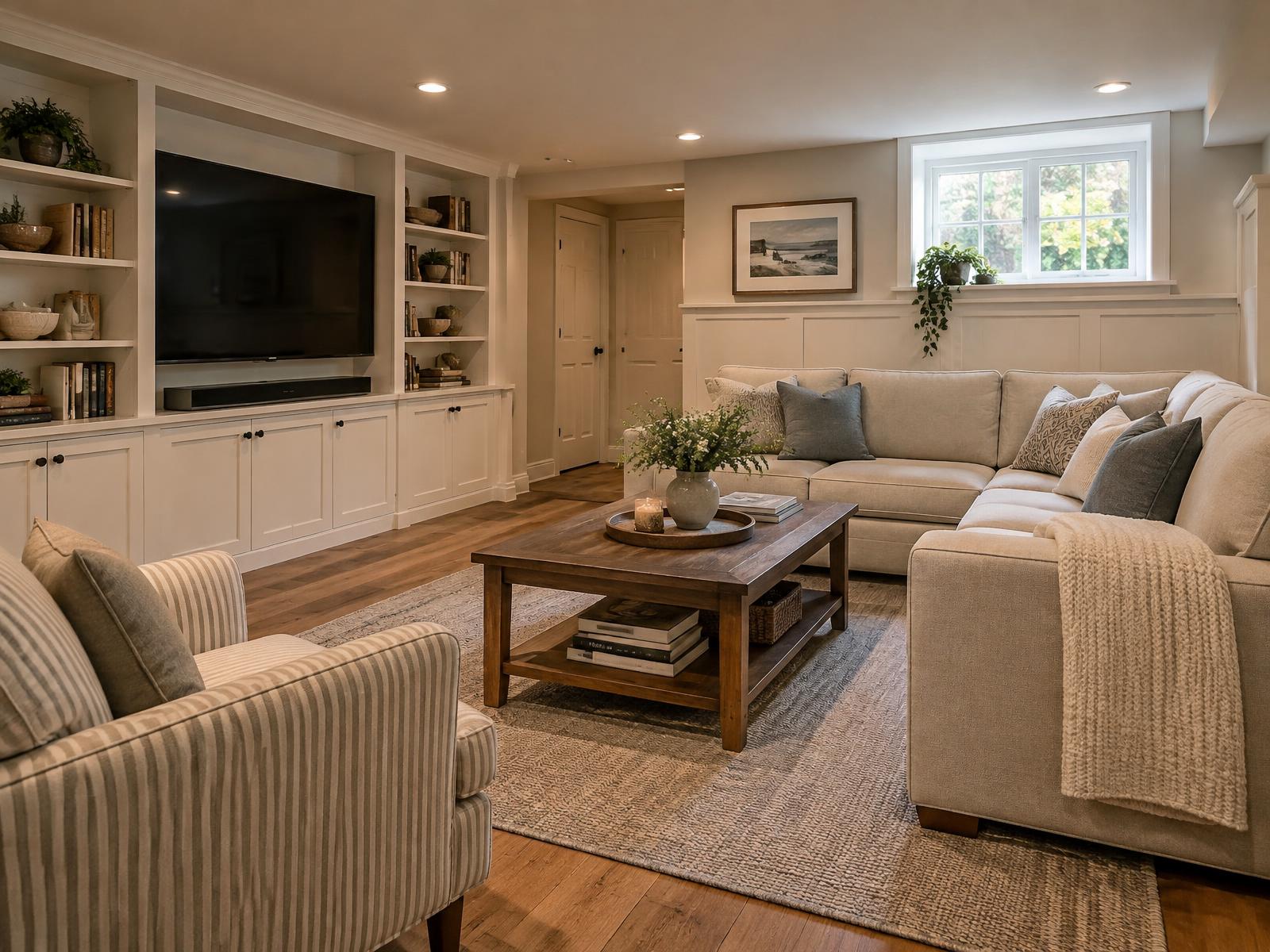 Finished basement family room with built-in media wall